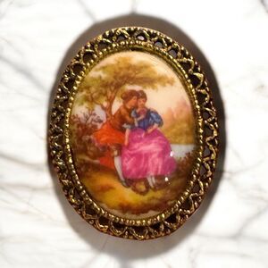 Vintage Porcelain Brooch – 2” Romantic Couple Scene – Oval Gold Filigree Frame